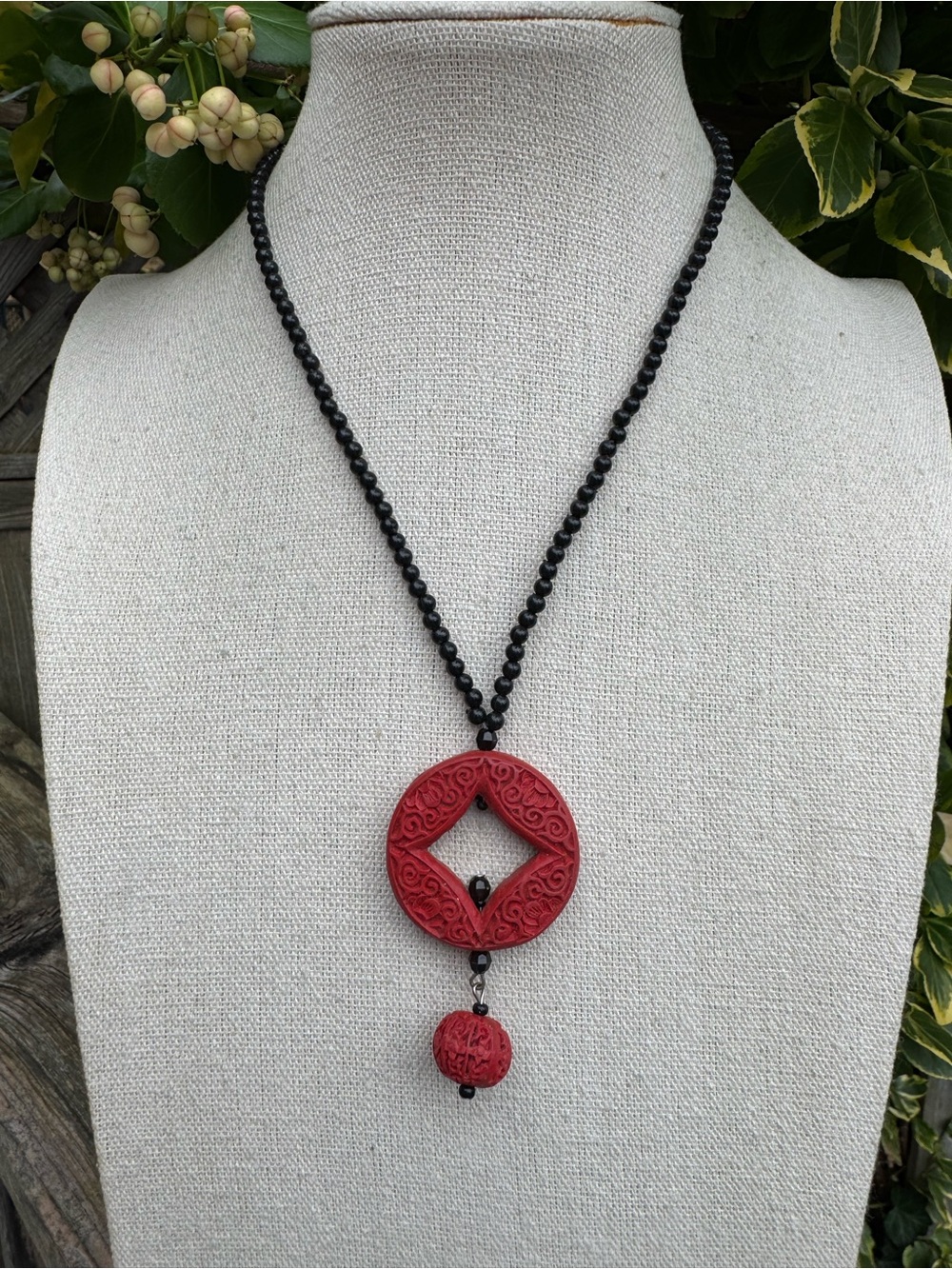 Black Bead Faux Cinnabar Necklace